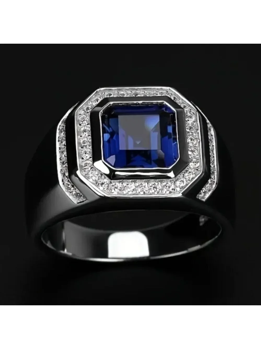 Stainless Steel Blue Gemstone Crystal Ring Men's